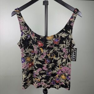 Alex Evenings Vintage 90s Y2K Womens Tank Top Black Floral Metallic Glitter M